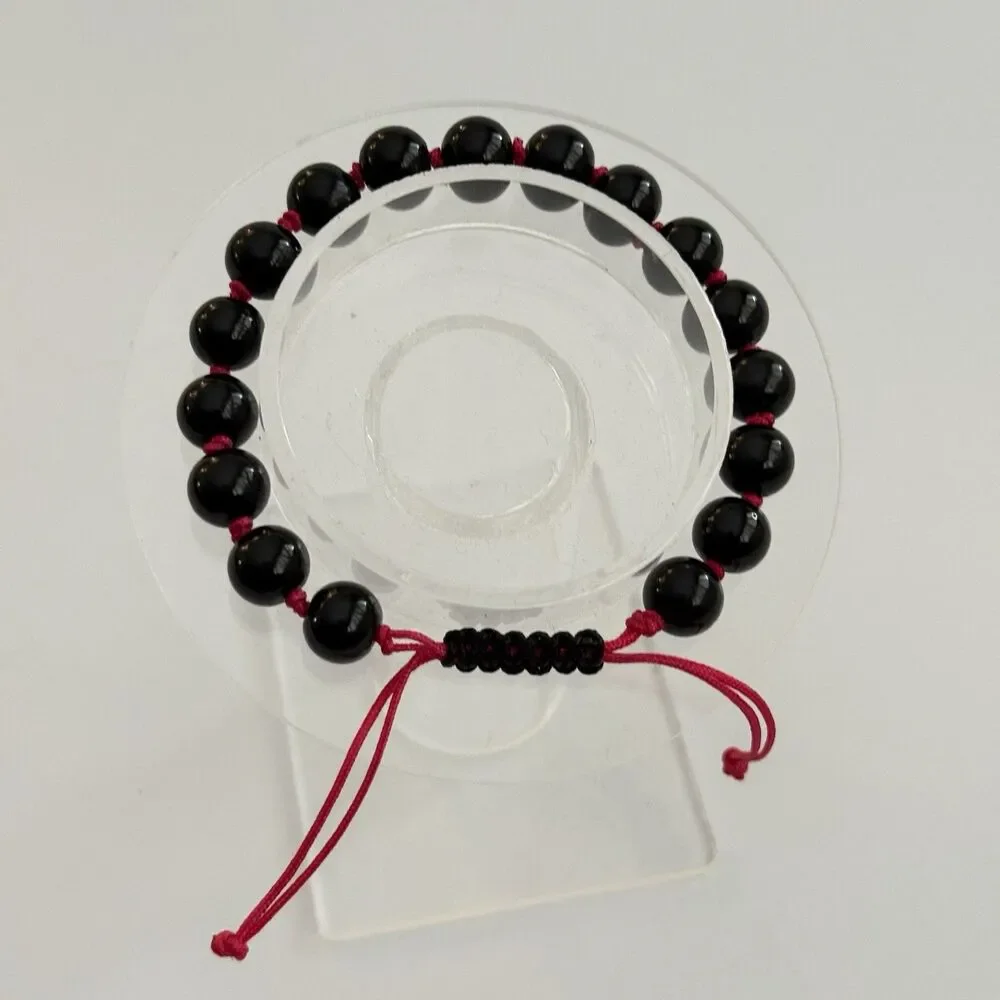 Black Beaded Bracelet Pink Adjustable Handmade Boho - Picture 8 of 9